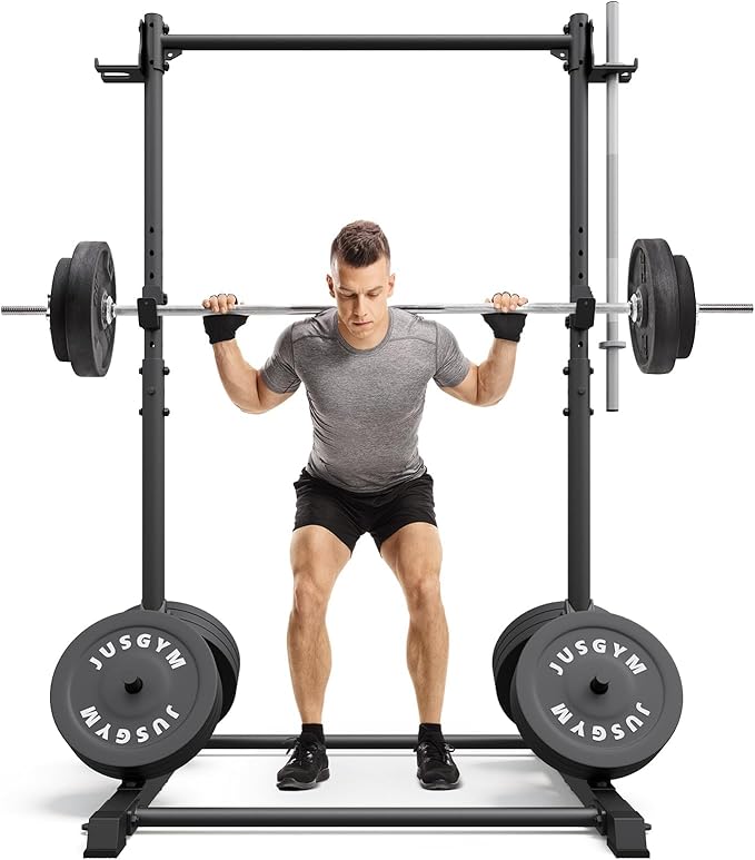 Jusgym Squat Rack with Pull Up Bar, Heavy Duty 600LBS Weight Capacity Squat Rack for Home Gym, Adjustable Multi-Functional Power Racks Strength Training Fitness Equipment