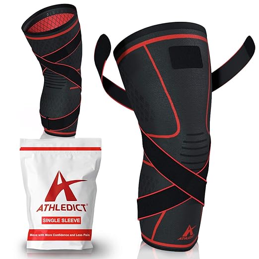 ATHLEDICT Knee Brace Compression Sleeve with Strap for Best Support & Pain Relief for Meniscus Tear, Arthritis, Running, Basketball, MCL, Jogging & Surgery Recovery for Men & Women (XXL)