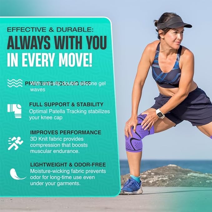 Modvel Compression Knee Brace for Women & Men - 2 Pack Knee Brace for Women Running Knee Pain, Knee Support Sleeve, Workout Sports Braces for Meniscus Tear ACL & Arthritis Pain Relief Purple XXX-Large