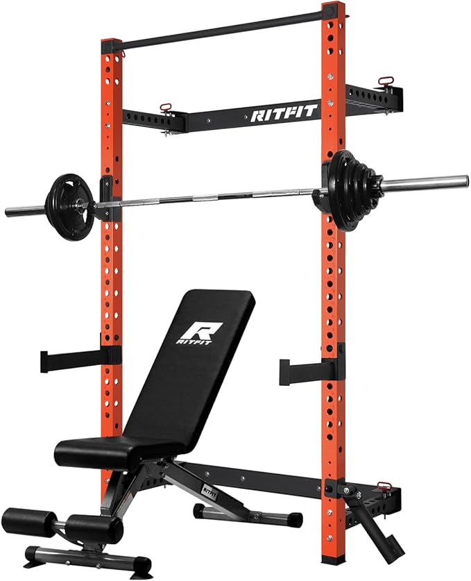 RitFit 2.36'' x 2.36'' Folding Squat Rack for Home Gym, Wall Mounted Squat Rack with Attachments - Space Saving Squat Power Rack