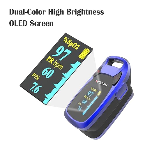 Fingertip Pulse Oximeter with Plethysmograph and Perfusion Index, include carrying case, Large OLED Digital Display Blood Oxygen Saturation Monitor Heart Rate Monitor (Blue)