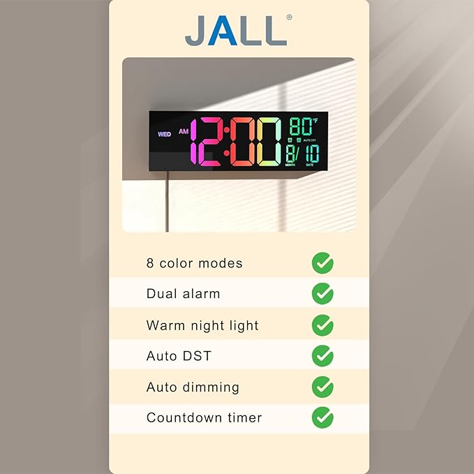 JALL 16" Large Digital Wall Mount Clock, Count Down Timer, Alarm, Big LED, 8 RGB Color, DST, Temperature for Living Room Classroom Desk, Xmas, Birthday Gift for Senior Mom Dad (White Shell, 16 inches)