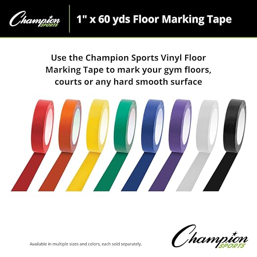 Champion Sports Vinyl Tape, 1” Wide x 60 Yards Long, White - Durable Floor Marking Tape - Schools, Gyms, Restaurants