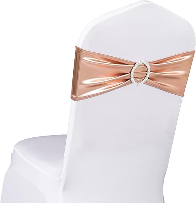 Spandex Rose Gold Chair Sashes 100 Pack Wedding Chair Bands with Buckles Pink Gold Chairs Bows for Party Birthday Bridal Shower Engagement Anniversary Outdoor Event Decorations