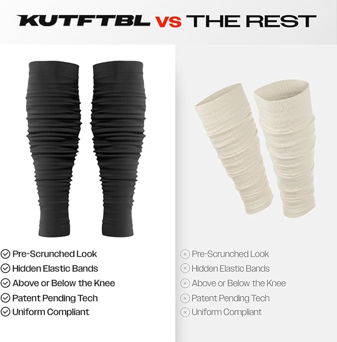 KUTFTBL Pre-Scrunched Football Leg Sleeves with Built-In Hidden Elastic Bands Performance Fabric Above or Below the Knee