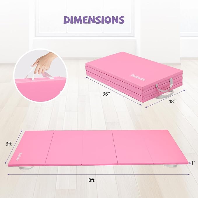 Matladin 8 FT/6FT Folding Gymnastics Gym Exercise Aerobics Mat, PU Leather Tumbling Mats for Stretching Yoga Cheerleading Martial Arts, Play