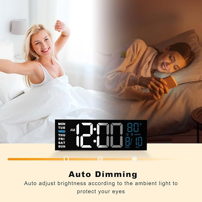 JALL 16" Large Digital Wall Mount Clock, Count Down Timer, Alarm, Big LED, RGB Color, DST, Temperature for Living Room Classroom Desk, Xmas, Birthday Gift for Senior Mom Dad (White Blue, 16 inches)