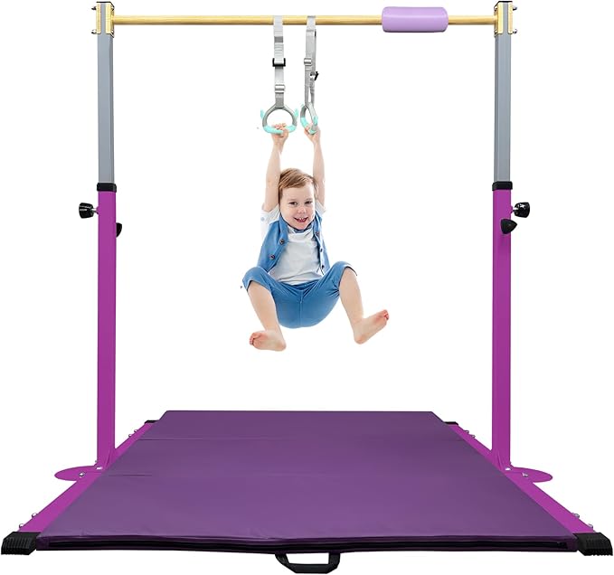 Adjustable Gymnastics Bar for Kids with Mat - Sturdy Kip Bar with Rings, Horizontal Bar for Home Training, 3'-5' Height, Ages 3-15, 250 LBS Capacity, Easy Assembly.