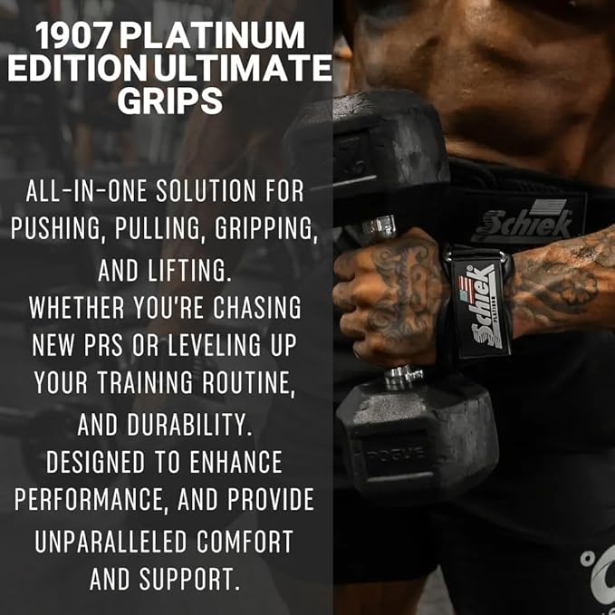 Schiek Sports Model 1907 Platinum Edition Ultimate Grips - 3 in 1 Weight Lifting Straps Wrist Wraps and Grip Pads - Secure Non Slip Control and Comfort for Strength Training