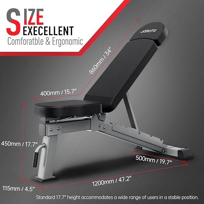 JOROTO Adjustable Weight Bench, 1300LBS Workout Bench for Home Gym Strength Training, Incline Decline Flat Bench Press with Wheels and Extended Backrest, Foldable Exercise Bench for Full Body Workout