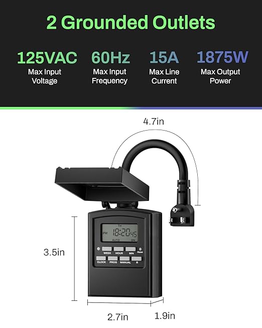 BN-LINK 7 Day Outdoor Heavy Duty Digital Programmable Timer, Outdoor Timer Outlet Waterproof, 2 Grounded Electrical Outlets for Christmas Lights, 15A 1/2HP,ETL Listed（2 Pack）