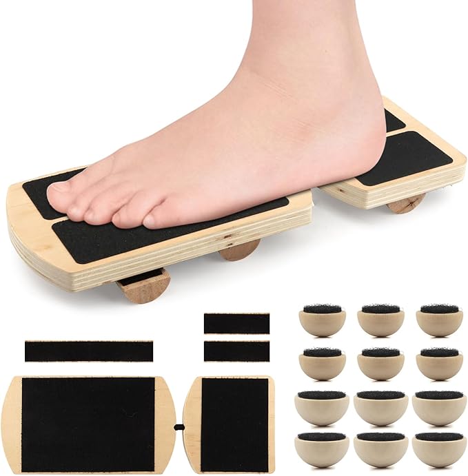 Ankle Balance Board Foot Strengthener, Adjustable Wobble Board with 12 Balls & Balance Rods,18°/24°/30° Tilt Levels, 300lbs Max Capacity, Non-Slip Wooden Trainer for Ankle & Core Stability Training