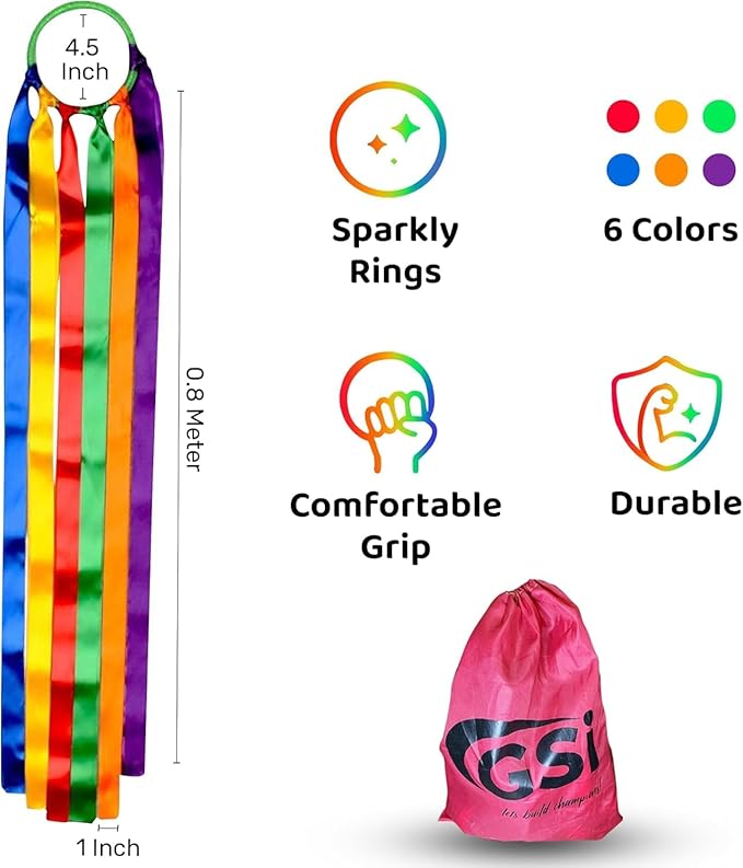 GSi Multicolor Ribbon Wands & Rings for Kids - Pack of 6 Dance Streamers with 9" Stick, 1m Ribbons, Gymnastics & Party Use