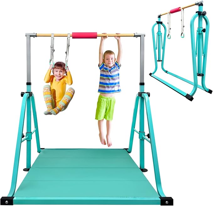 GLANT Gymnastics Bar for Kids with Rings Set, 7 Heights Adjustable Easy Folding Gymnastic Training Bar Kids Monkey Horizontal Bars - Max Load 300LBS