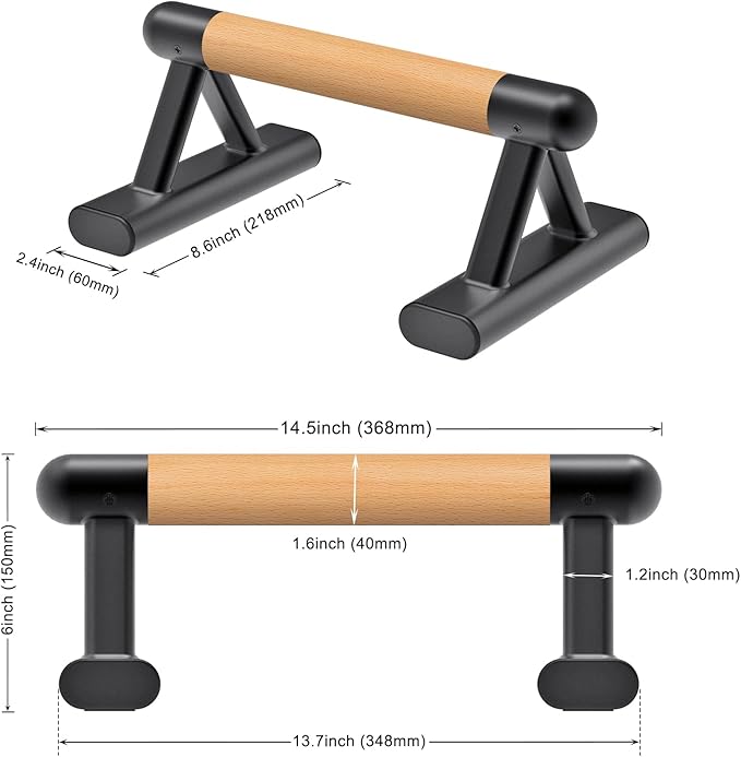 SELEWARE Wood Push Up Bars & Parallettes Bundle - Anti-Slip Handstand Bars for Calisthenics, Fitness, Floor Workouts - Solid Wood with Sturdy Metal Bracket, Supports 600 lbs