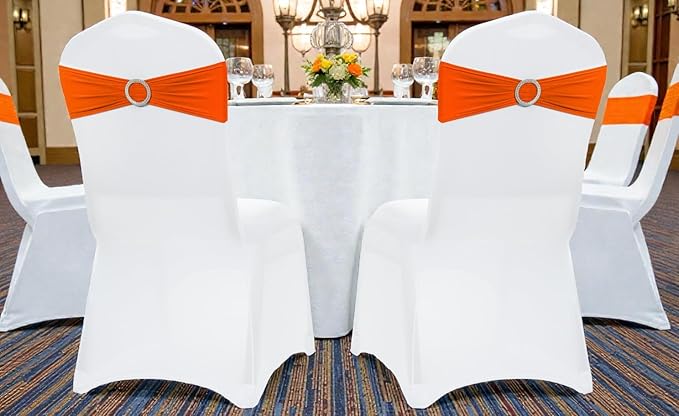 MDS Pack of 200 Spandex Chair Sashes Bows Universal fits Elastic Stretch Chair Bands Ties with Buckle Slider Bow for Wedding Decoration Spandex Slider Sashes Bow - Orange
