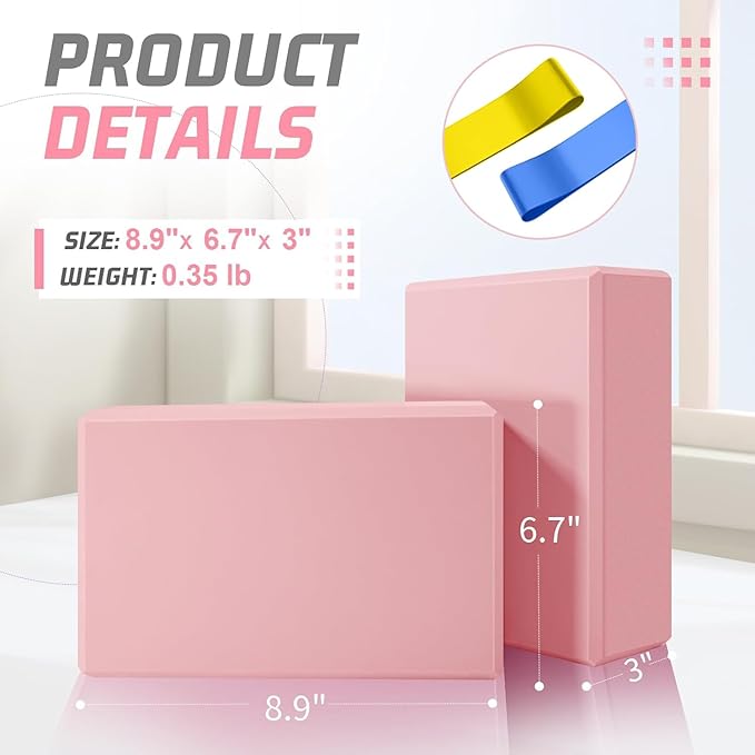Yoga Blocks 2 Pack 3x6x9IN Foam Block Supportive Latex-Free with Stretch Band, Non-Slip Exercise Blocks for Pilates, Meditation, Balance, Stretching and Deep Poses