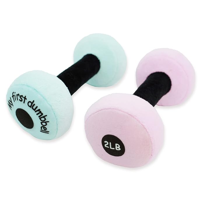 June Garden 6" My First Dumbbell - Plush Baby Rattle Toy - Safe Soft Barbell Workout Toy for Infants Boys and Girls - Pink