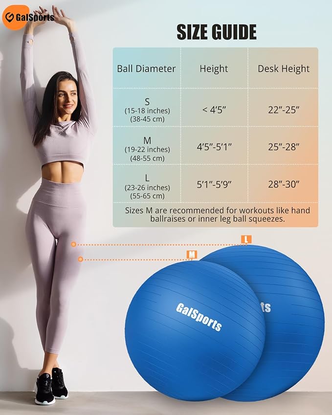 GalSports Stability Ball for Core Training & Physical Therapy – Anti-Burst, Slip-Resistant Yoga Ball for Home Gym, Pilates, Balance & Posture Improvemen
