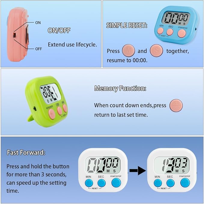 Digital Kitchen Timer, 6 Pcs Classroom Timers for Kids Teacher, Magnetic Countdown Minute Simple Timer for Cooking Study Exercise Game Baking Reading Gym Meeting Work Task (Blue/Green/White/Pink)