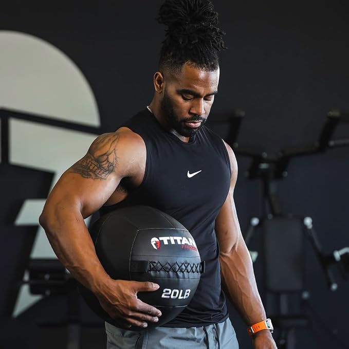 Titan Fitness LB Soft Shell Medicine Wall Ball with Poly-Composite Laminate Cross Texture Non-Slip Grip for Throwing, Core Strength, Floor Exercises, Stretching