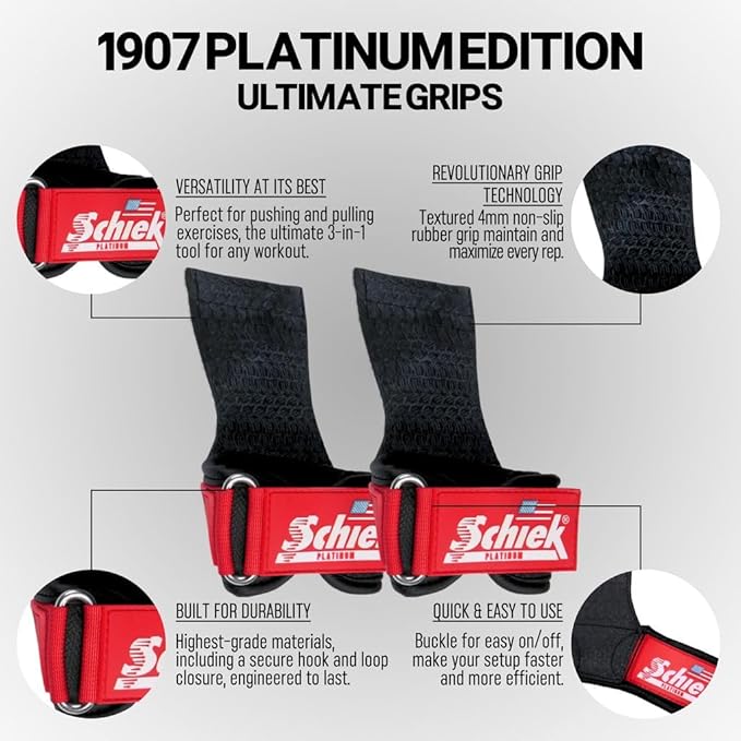 Schiek Sports Model 1907 Platinum Edition Ultimate Grips - 3 in 1 Weight Lifting Straps Wrist Wraps and Grip Pads - Secure Non Slip Control and Comfort for Strength Training