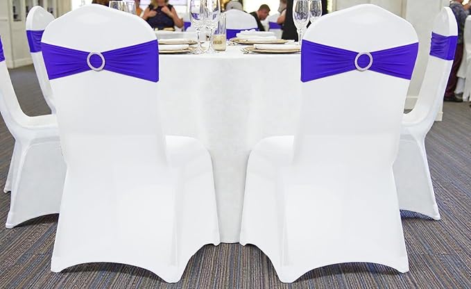 VDS - Royal Blue | Spandex Chair Sashes Bows | 125 PCS | Stretch Elastic Banquet Universal Folding Chair Band Tie with Silver Buckle Slider for Wedding Party Conference Celebration Event Decoration