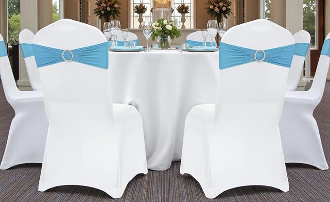 MDS Pack of 125 Spandex Chair Sashes Bow Universal fits Elastic Stretch Chair Bands Ties with Buckle for Wedding Party Banquet Events Decoration Spandex Slider Sashes Bow - Blue