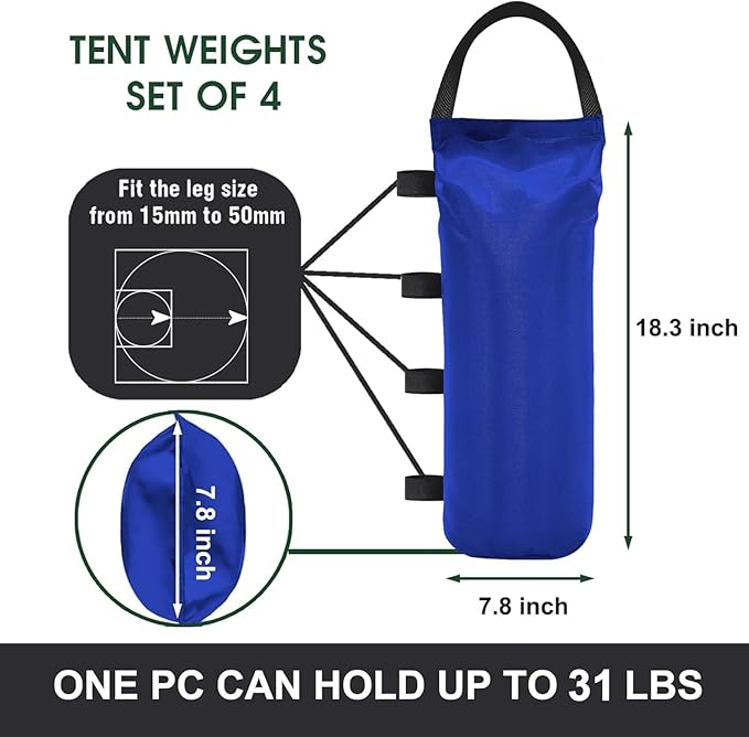 Eurmax USA 125LBS 4-Pack Universal Canopy Weights, Secure Wind Protection to Prevent Tipping, Easy Wrap-Around Installation Heavy Duty Sandbags (Without Sand), Fits All Instant Shelter Legs,Blue