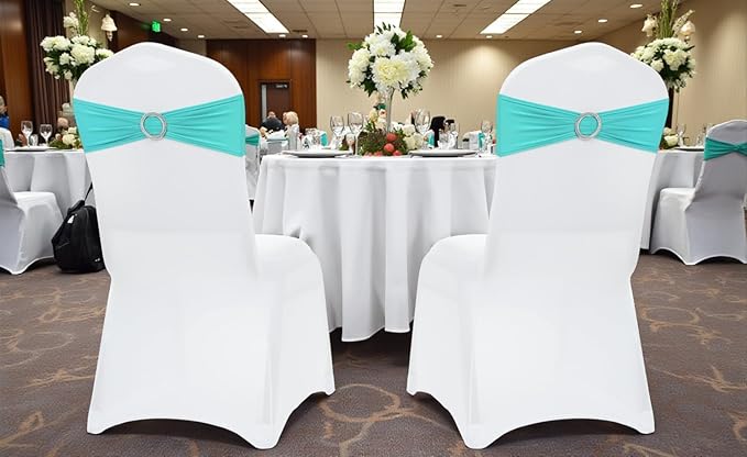 MDS Pack of 200 Spandex Chair Sashes Bow Universal fits Elastic Stretch Chair Bands Ties with Buckle for Wedding Party Banquet Events Decoration Spandex Slider Sashes Bow - Aqua Blue