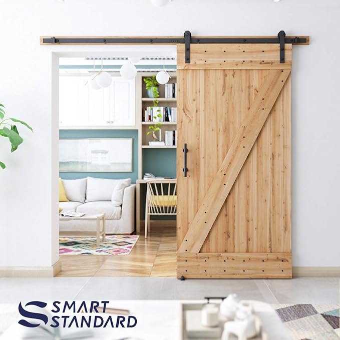 SMARTSTANDARD 8 FT Heavy Duty Sturdy Sliding Barn Door Hardware Kit, Black, (Whole Set Includes 1x Pull Handle Set & 1x Floor Guide) Fit 42"-48" Wide Door Panel (I Shape Hanger)