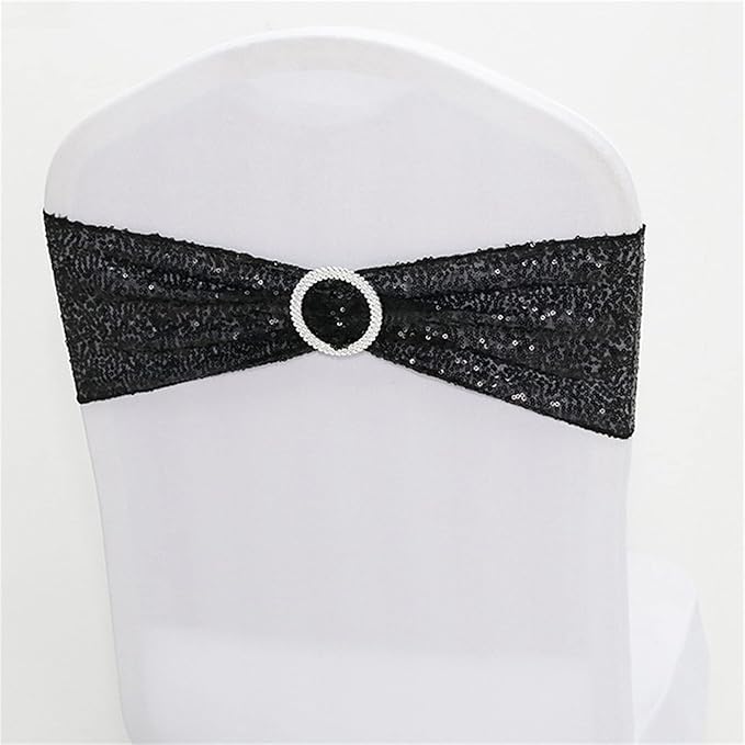Dimatic 50 PCS Stretch Sequin Chair Sashes Chair Stretchy Spandex Bands for Wedding Reception Events Banquets Chairs Decoration (Black)