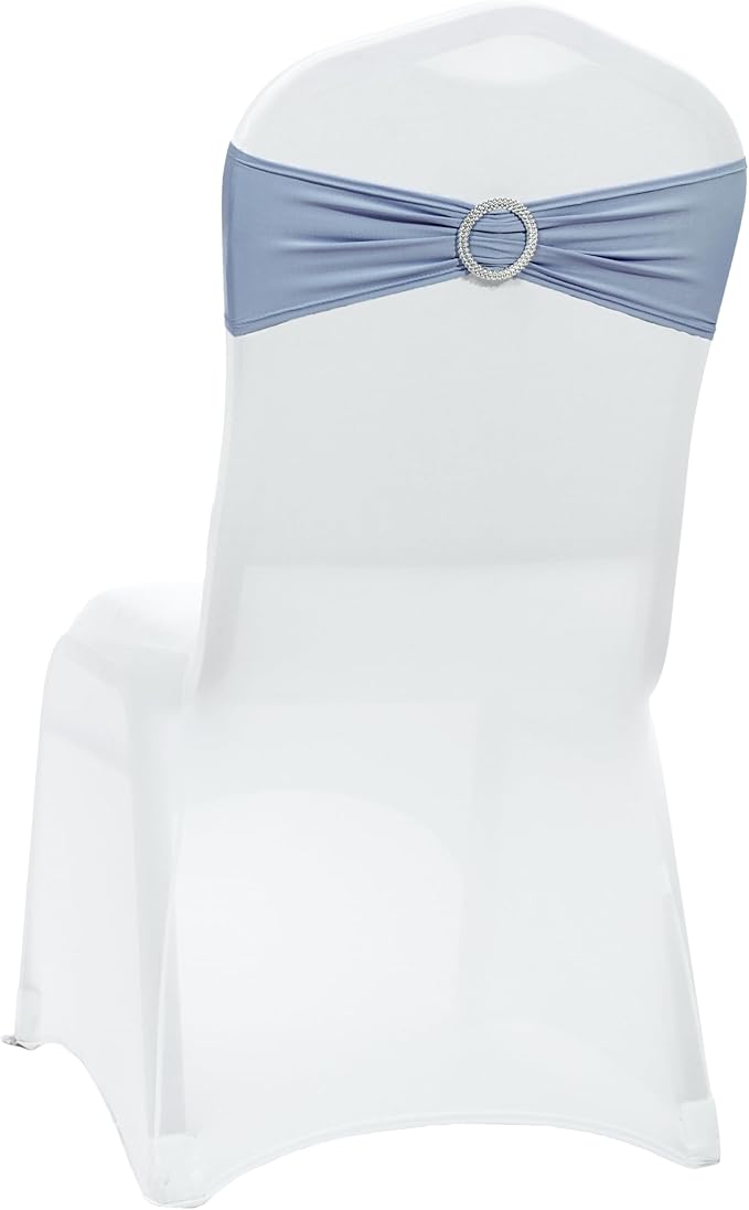 VDS - Dusty Blue | Spandex Chair Sashes Bows | 75 PCS | Stretch Elastic Banquet Universal Folding Chair Band Tie with Silver Buckle Slider for Wedding Party Conference Celebration Event Decoration