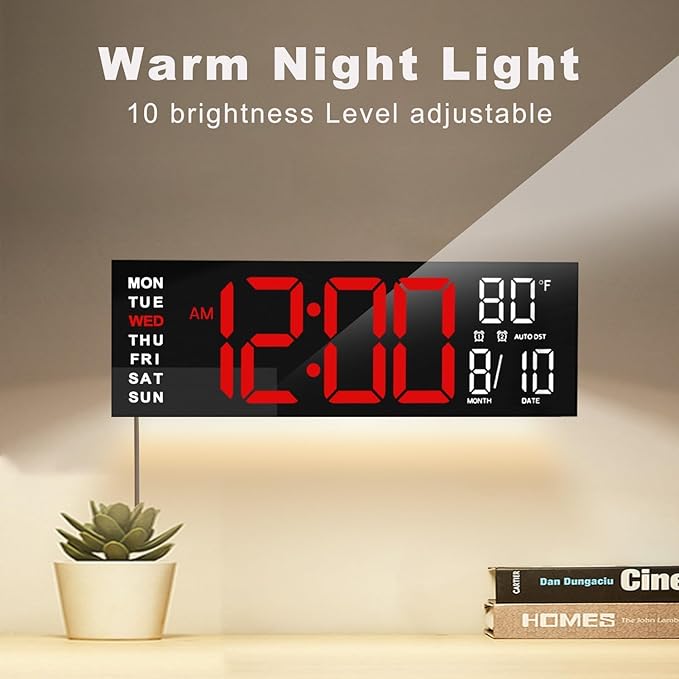 JALL 16" Large Digital Wall Mount Clock, Count Down Timer, Alarm, Big LED, RGB Color, DST, Temperature for Living Room Classroom Desk, Xmas, Birthday Gift for Senior Mom Dad (Red White, 16 inches)