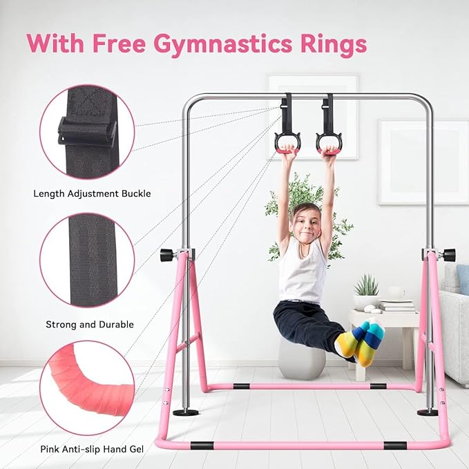 FBSPORT Gymnastics Bar for Kids with Rings,Adjustable Height Gymnastic Horizontal Bars Junior Training Bar Children Folding Training Monkey Bars for Home Using