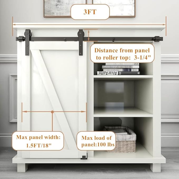3FT Super Mini Sliding Barn Door Hardware Kit for Single Door TV Stands Small Cabinets, J-Shaped Hanger (No Cabinet)