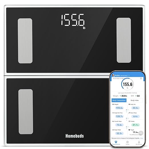 Homebuds Smart Bathroom Scale for Body Weight, High Precision in 0.1lb Assured by Weight Scale Professional Factory SINCE 2001, App Sync 13 Body Composition Including BMI and Body Fat, 400lb LED Black