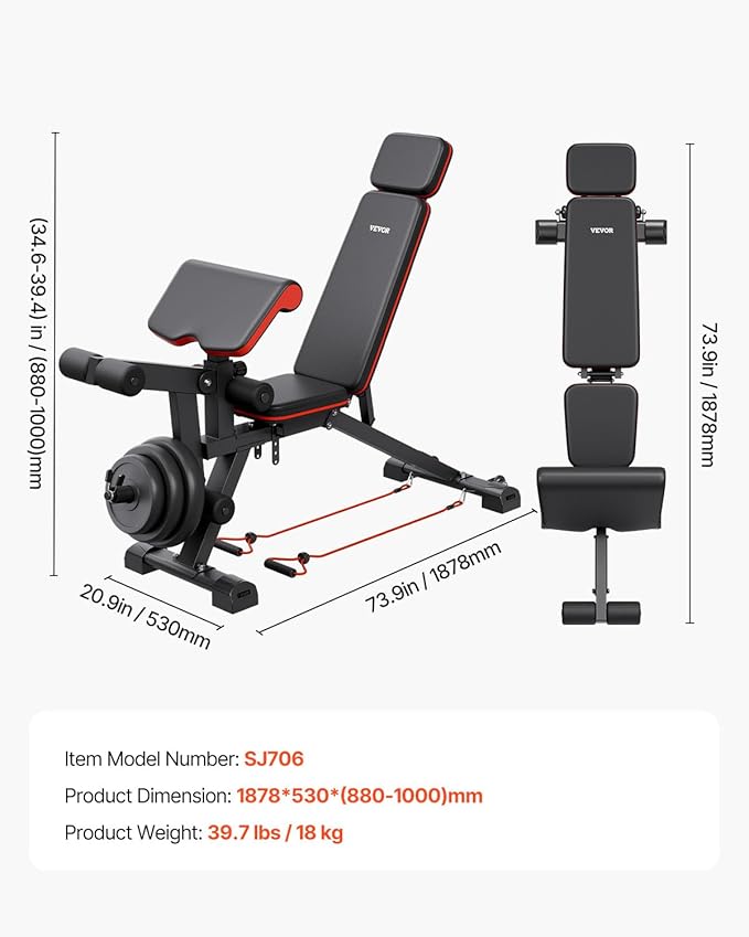 VEVOR Weight Bench, 800lbs/660lbs Adjustable Weight Bench Press for Full Body Workout, Exercise Sit-up Bench for Home Gym Strength Training, Multiple Functions, Fast Adjustment