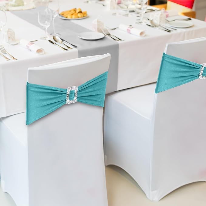 Joccun 60 PCS Spandex Chair Sashes Bows Stretch Chair Cover Band with Buckle Slider Universal Elastic Chair Ties for Wedding Banquet Party Event Decoration (Turquoise)