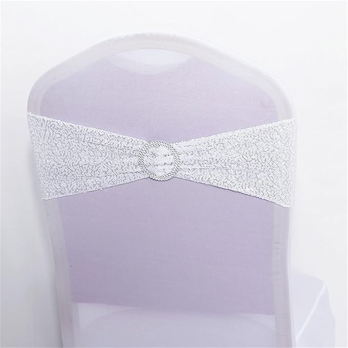 Dimatic 50 PCS Stretch Sequin Chair Sashes Chair Stretchy Spandex Bands for Wedding Reception Events Banquets Chairs Decoration (White)
