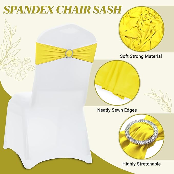 MDS Pack of 100 Spandex Chair Sashes Bow Premium Stretch Chair Cover Band with Buckle Slider Universal fits Elastic Dining Chair Ties for Wedding Party Banquet Events Decoration - Yellow