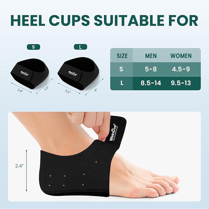 Welnove Gel Heel Protector Cups, Inserts Pads for Women Men, Plantar Fasciitis, Heels Spur Pain Relief, Achilles Tendonitis Dry Cracked Heel Support Cushion Black (W 4.5-9 / M 5-8)