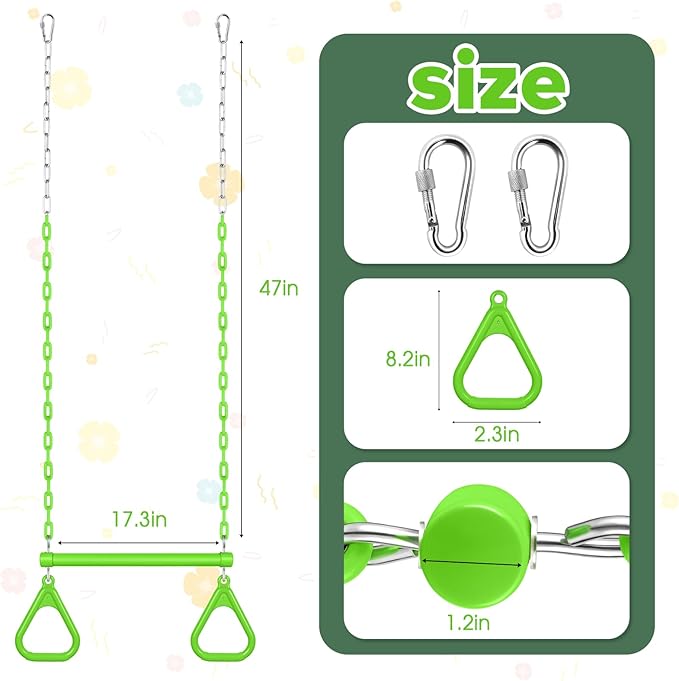 LadyRosian 17" Trapeze Bar Swing Set Gym Rings 47" Heavy Duty Chain Swing Set Accessories with Locking Carabiners Plastic Coated Chains Monkey Bars for Backyard, Playroom (Apple Green)