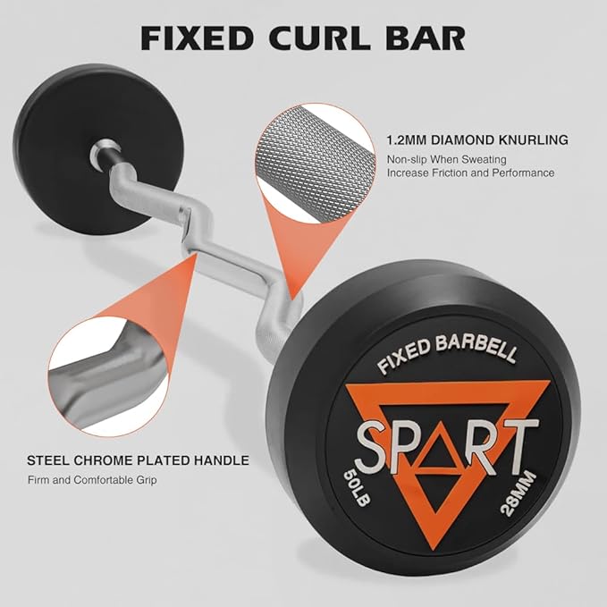 Rubber Coated Fixed Barbell, Pre-Loaded Weights EZ Curl Solid Steel Barbells, Weighted Bar for Weightlifting Exercise, Bodybuilding, Strength Training, Squat Rack & Bench Press