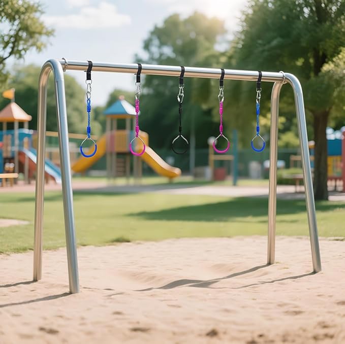 Trapeze Swing Ring Home Gymnastic Workout Equipment Outdoor Backyard Playground Play Sets Hanging Monkey Bar, Heavy-Duty Obstacle Course Climbing Rings Ninja Rings Pull Up Bar Fit Exercise Accessories