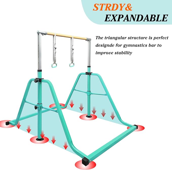 Foldable & Moveable Gymnastics Horizontal Bar with Rings,3’to 5’Adjustable Height Expandable Junior Kip Bar for Home,Indoor Gym Equipment for Kids