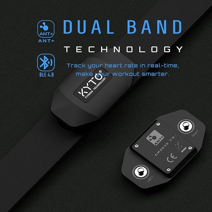 KYTO Heart Rate Monitor Chest Strap - ANT+ & Dual Bluetooth 4.0 HR Sensor, IP67 Water-Resistant, Compatible with Peloton, Zwift, Garmin, Precise HR Tracker for Running & Cycling