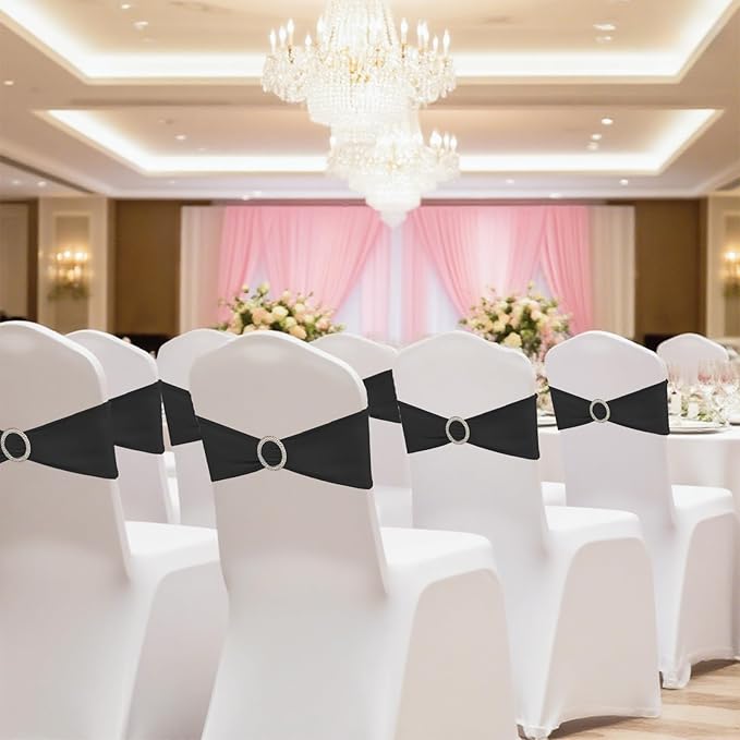 150 Pack Spandex Stretch Chair Sashes Bows, Elastic Stretch Chair Cover Bands Ties with Buckle Slider for Wedding Party Ceremony Reception Event Banquet Decoration (Black)