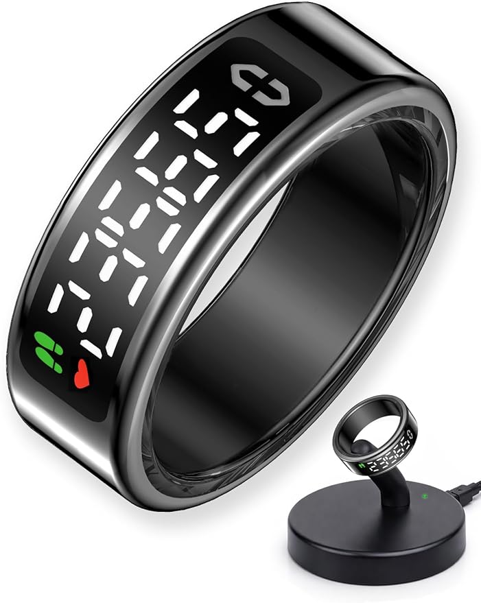 Smart Ring with LED Display，Fitness Tracker Ring, IP68 Waterproof Health Tracker Ring, Blood Oxygen & Heart Rate Monitor, Long Lasting Battery Sleep Ring for Women & Men