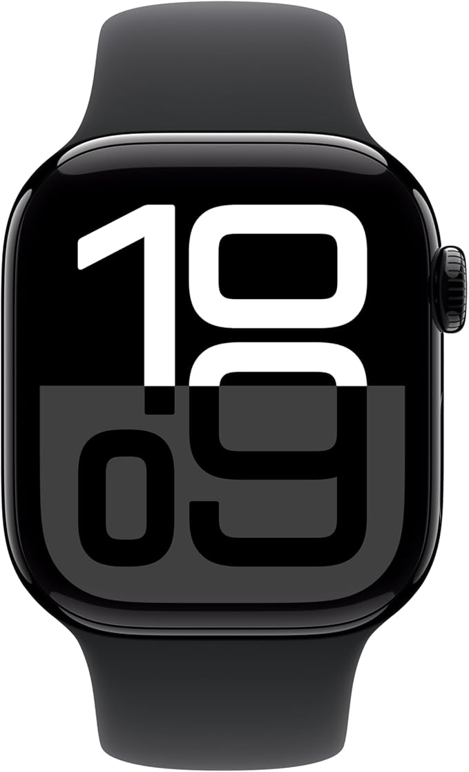 Apple Watch Series 10 [GPS 42mm] with Jet Black Aluminium Case with Black Sport Band - S/M. Fitness Tracker, ECG App, Always-On Retina Display, Water Resistant with AppleCare+ (2-years)